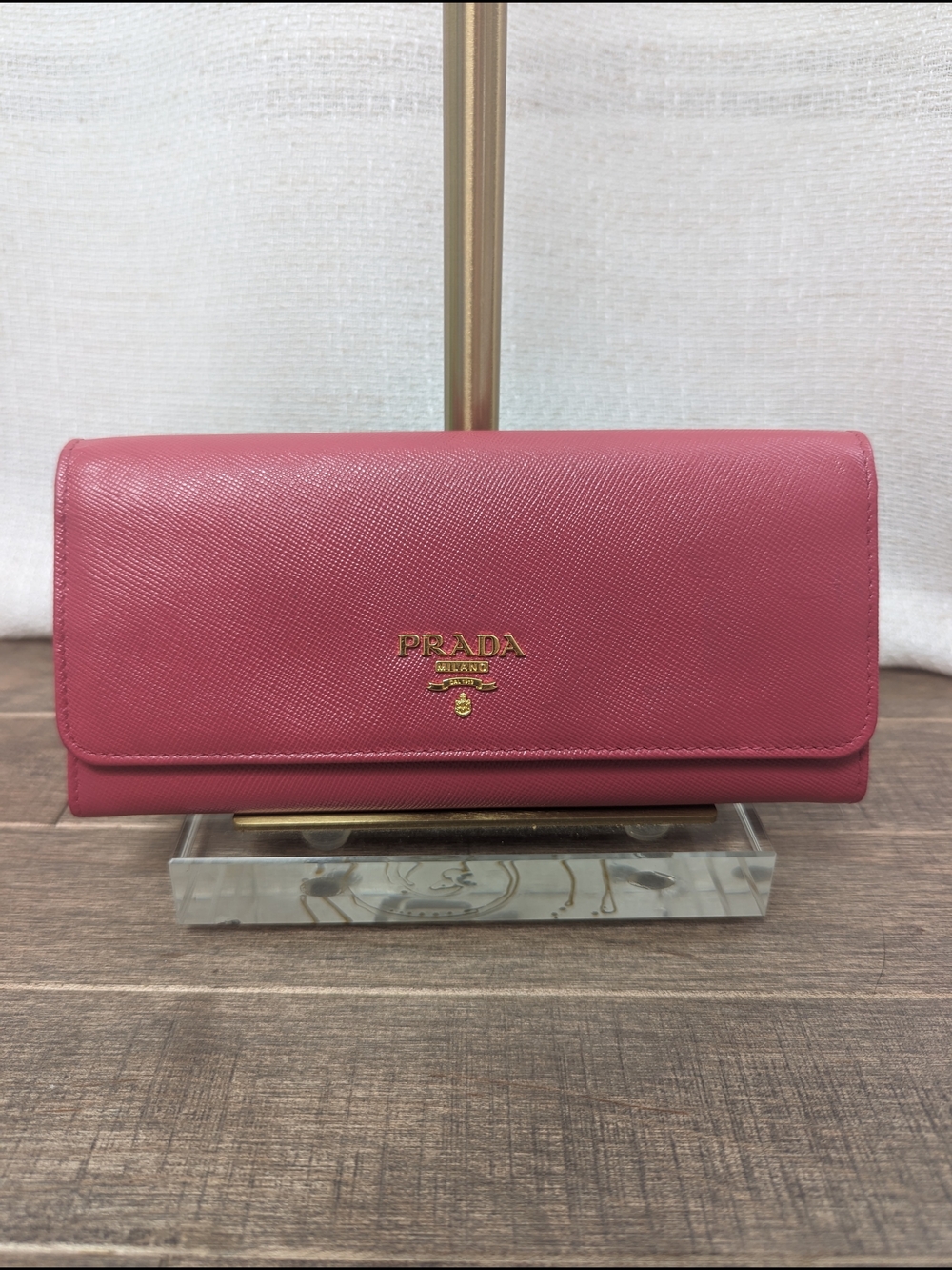 100 % Authentic Prada Pink Saffiano Leather Long Wallet W/ COA